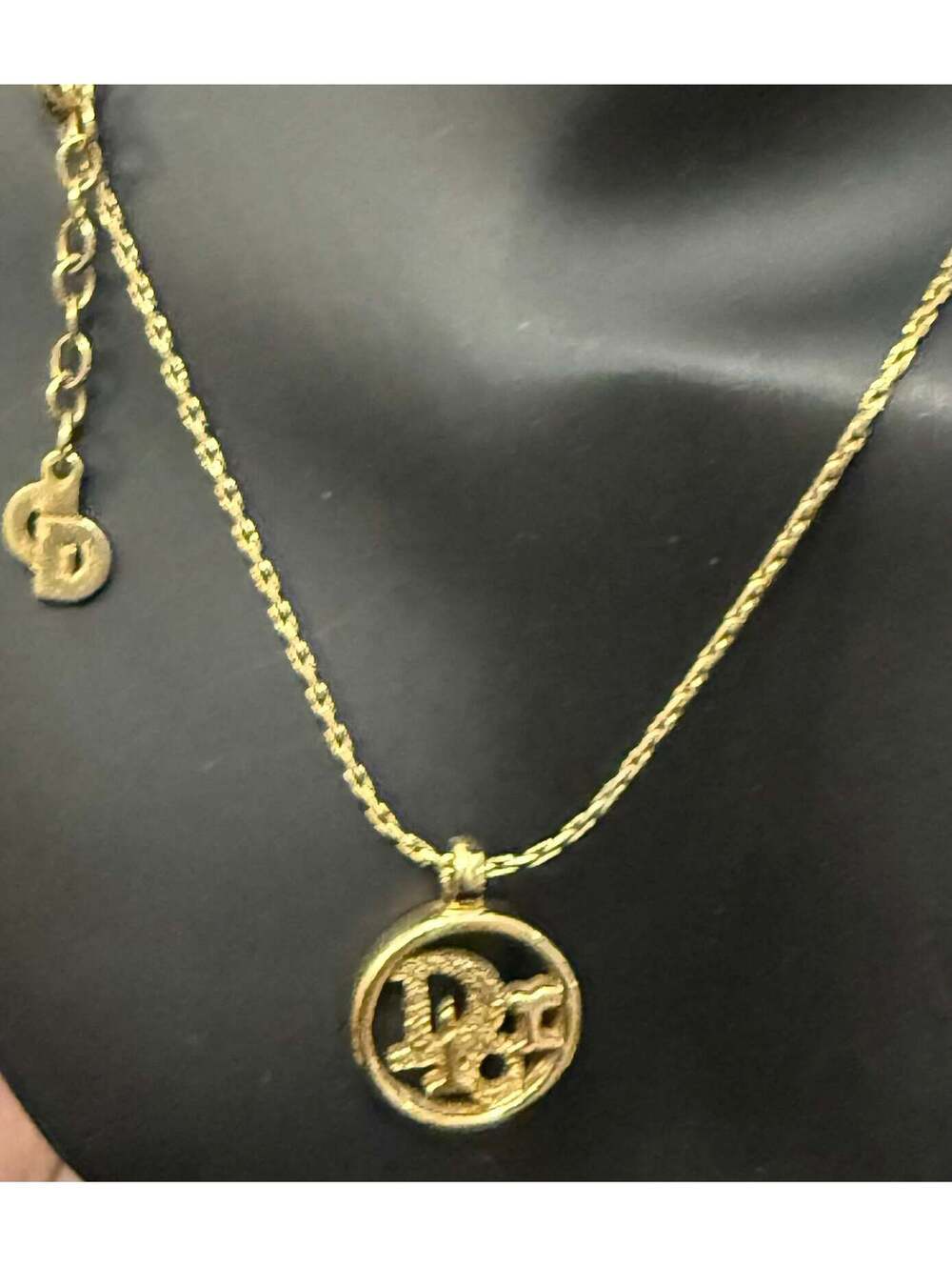 Christian Dior Adjustable Logo Pendant Necklace Gold Tone (Signed Tag, Germany)